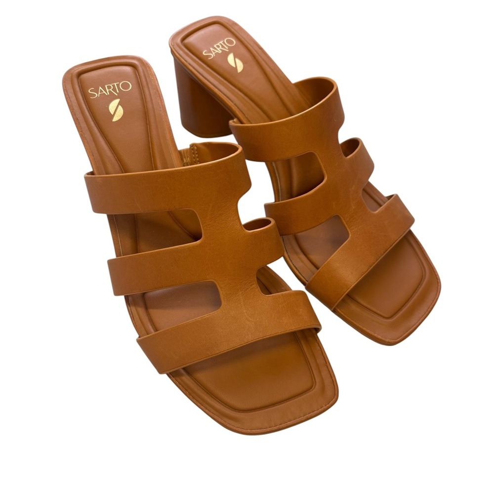 Sarto Flexa Carly Heeled Slide Sandals Cognac Square Toe Block Heel‎ Mule 8.5